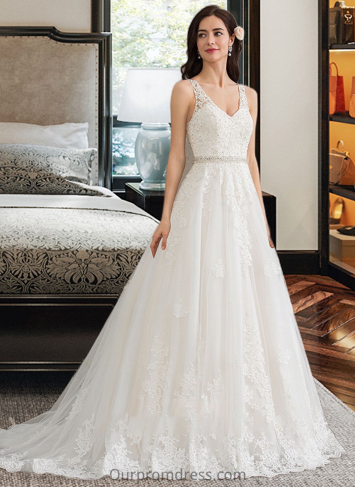 Janet Ball-Gown/Princess V-neck Court Train Tulle Wedding Dress With Beading Sequins HDP0013779