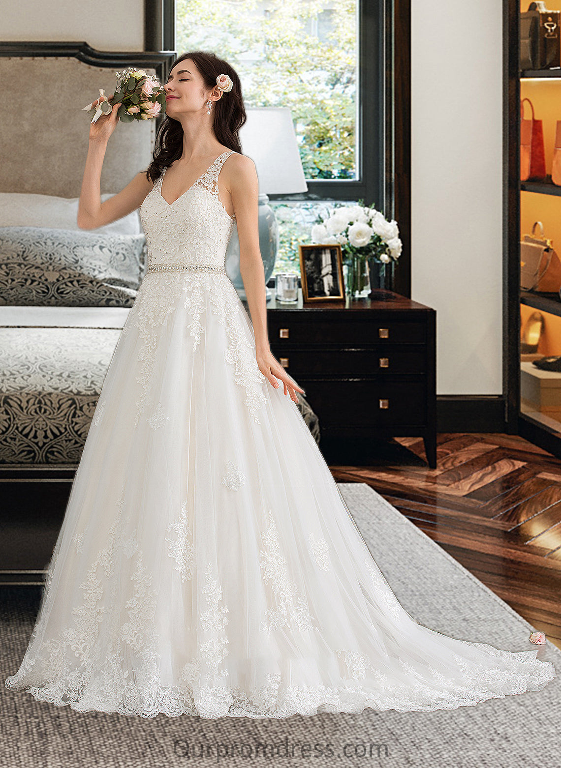 Janet Ball-Gown/Princess V-neck Court Train Tulle Wedding Dress With Beading Sequins HDP0013779