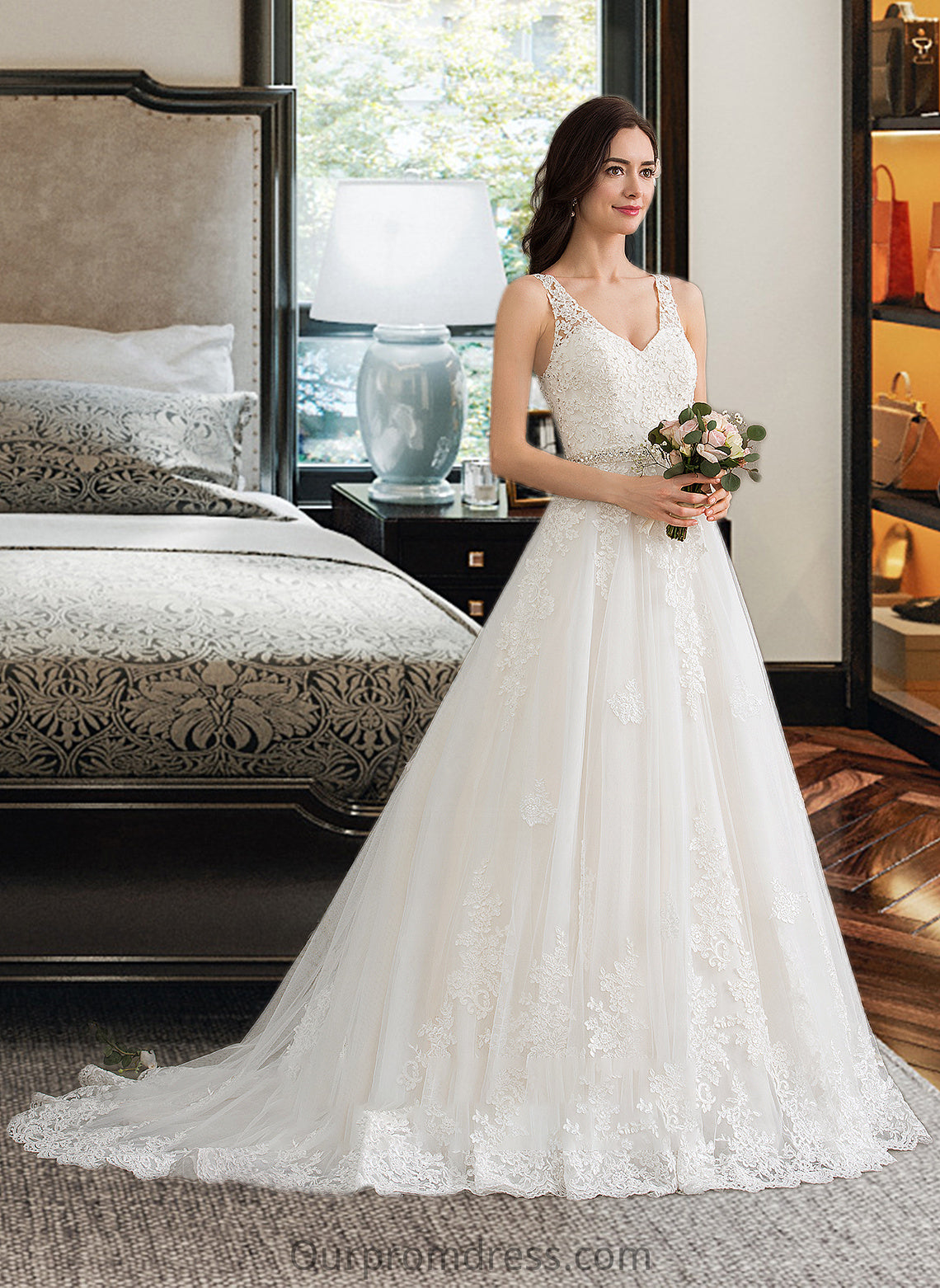 Janet Ball-Gown/Princess V-neck Court Train Tulle Wedding Dress With Beading Sequins HDP0013779