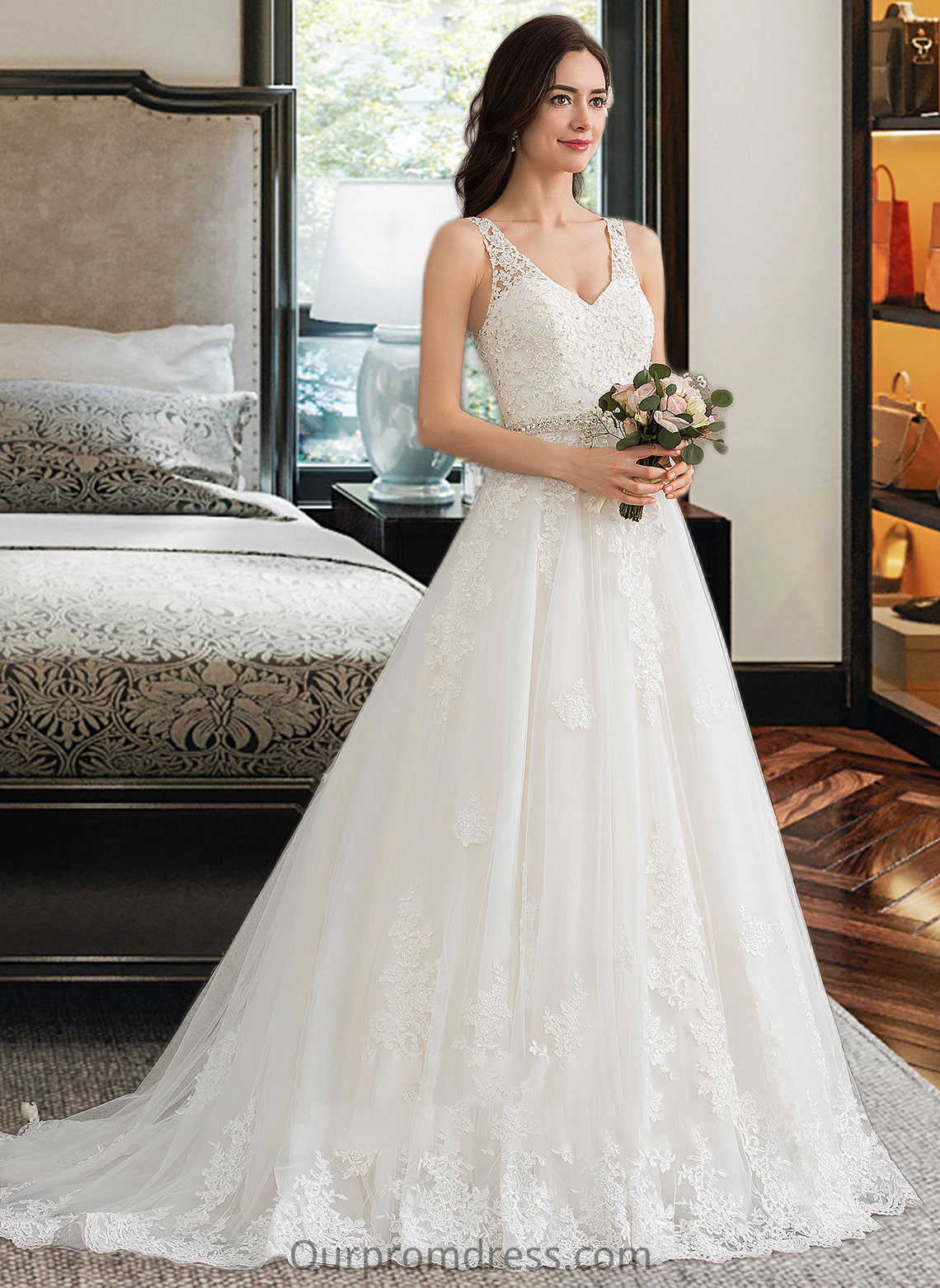 Janet Ball-Gown/Princess V-neck Court Train Tulle Wedding Dress With Beading Sequins HDP0013779