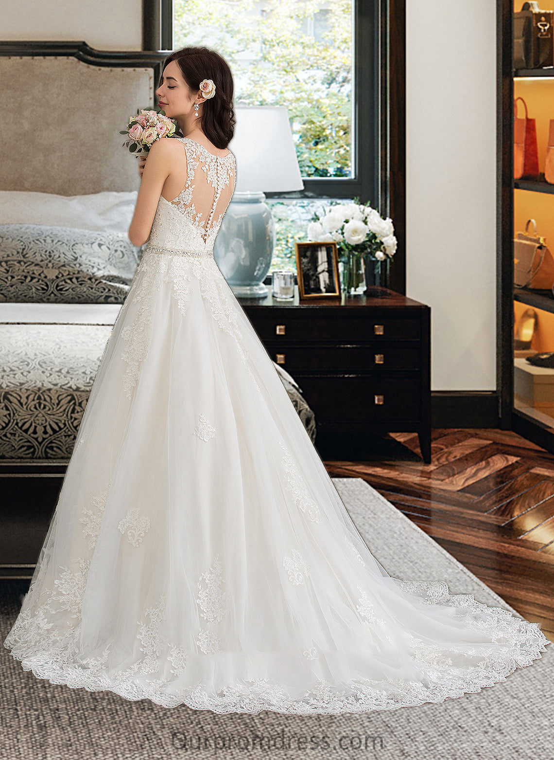 Janet Ball-Gown/Princess V-neck Court Train Tulle Wedding Dress With Beading Sequins HDP0013779