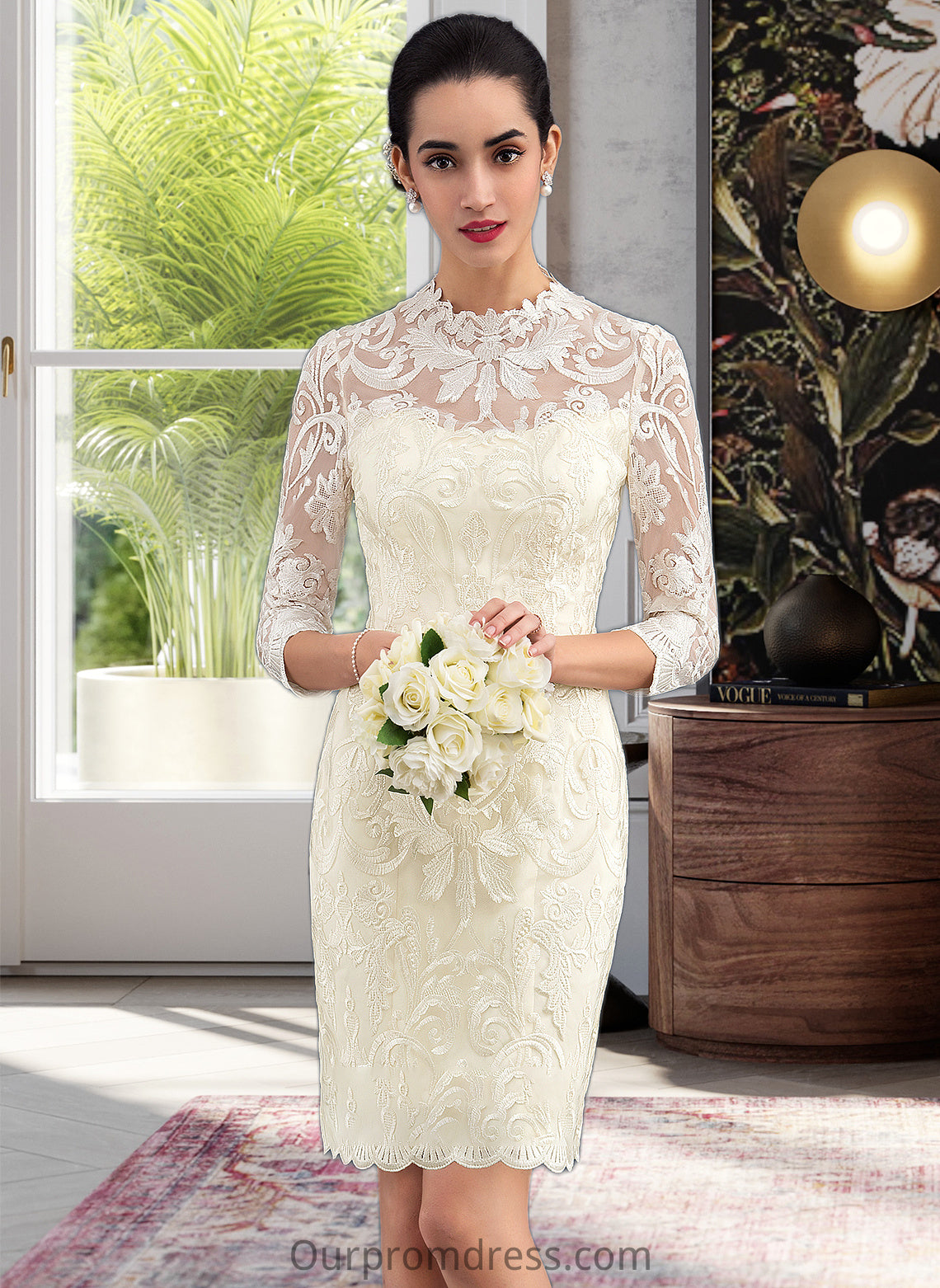 Amari Sheath/Column High Neck Knee-Length Lace Wedding Dress HDP0013781