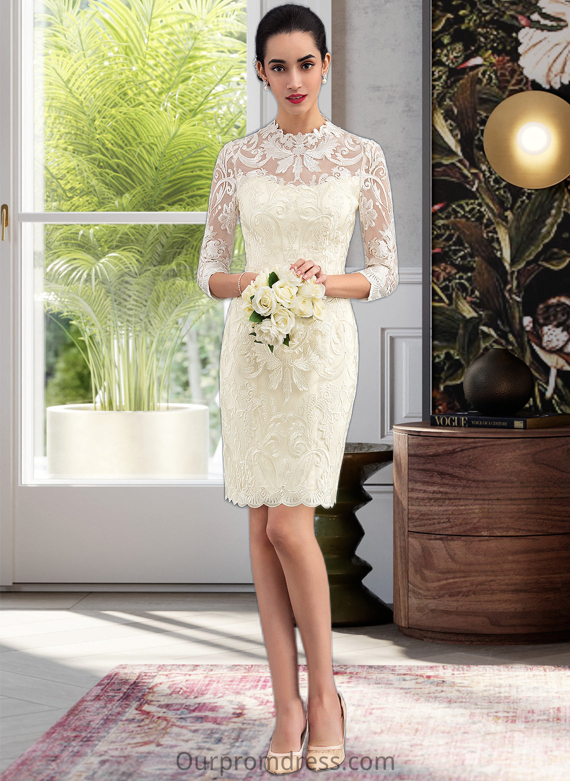 Amari Sheath/Column High Neck Knee-Length Lace Wedding Dress HDP0013781