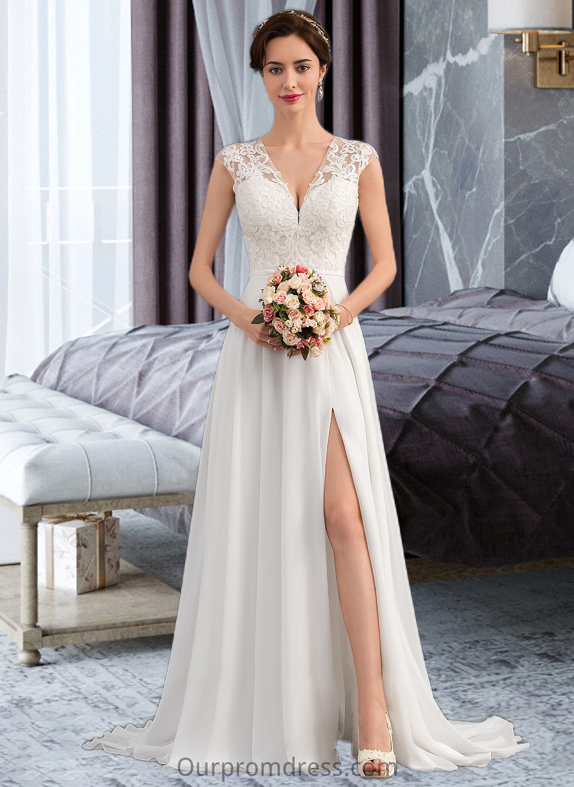 Olga A-Line V-neck Sweep Train Chiffon Wedding Dress With Split Front HDP0013782