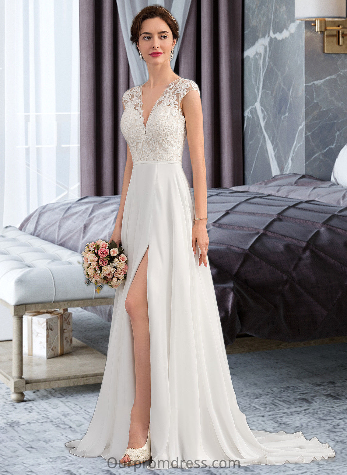 Olga A-Line V-neck Sweep Train Chiffon Wedding Dress With Split Front HDP0013782