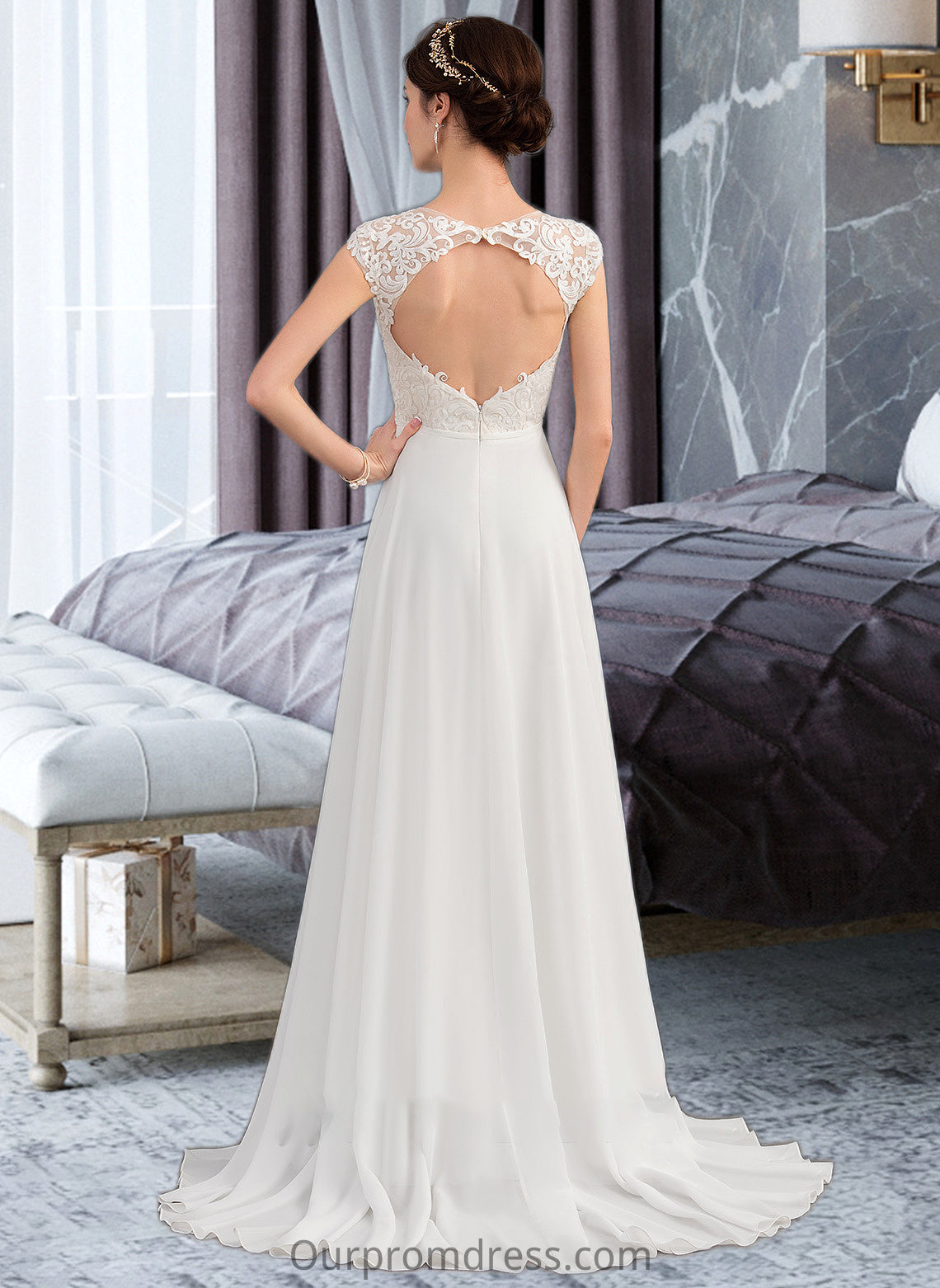 Olga A-Line V-neck Sweep Train Chiffon Wedding Dress With Split Front HDP0013782