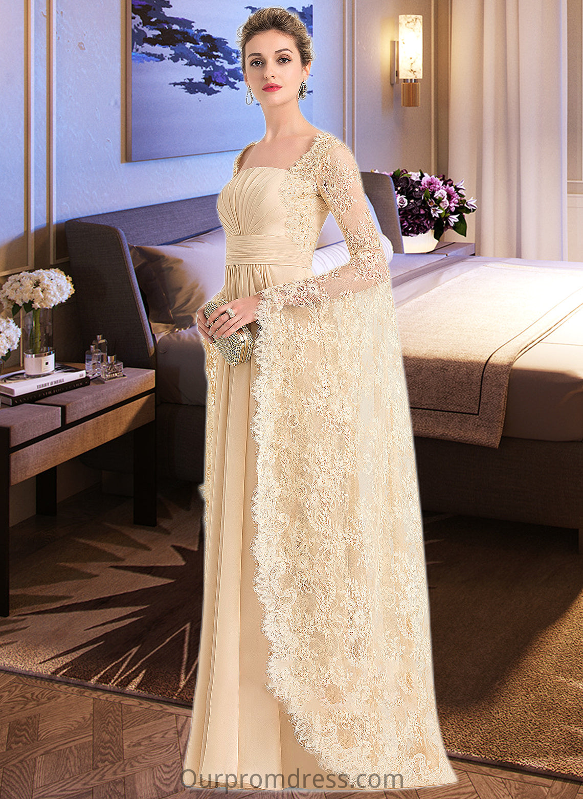 Laci A-Line Square Neckline Floor-Length Chiffon Wedding Dress With Ruffle Beading HDP0013783