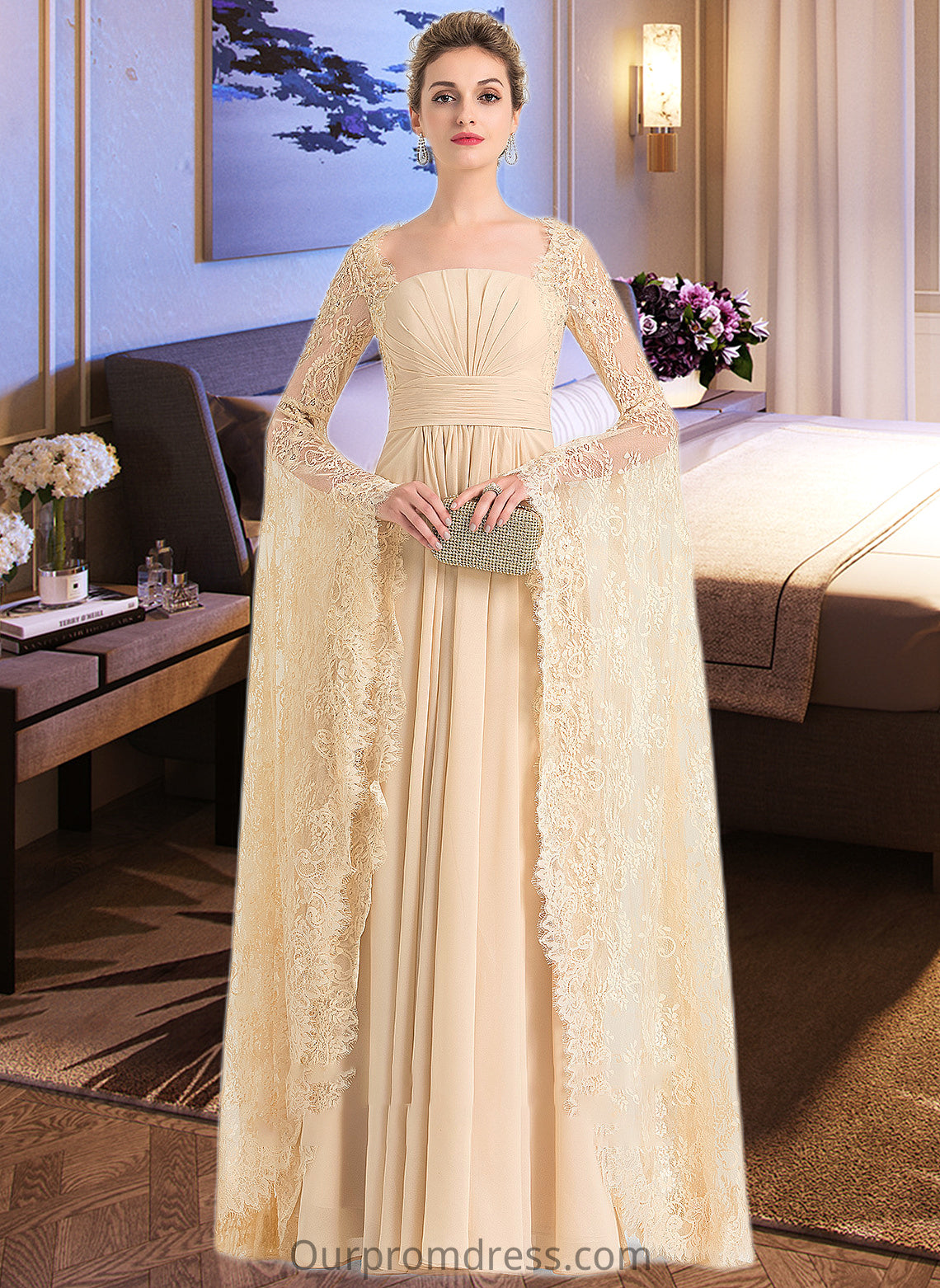 Laci A-Line Square Neckline Floor-Length Chiffon Wedding Dress With Ruffle Beading HDP0013783