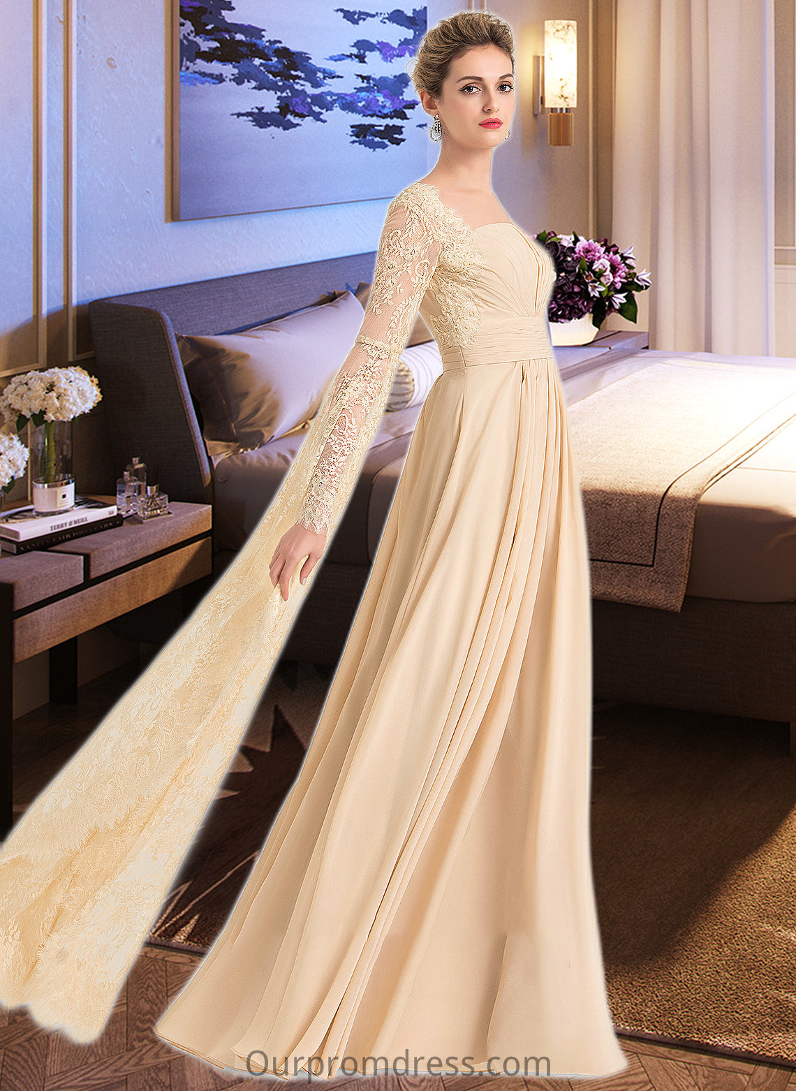 Laci A-Line Square Neckline Floor-Length Chiffon Wedding Dress With Ruffle Beading HDP0013783