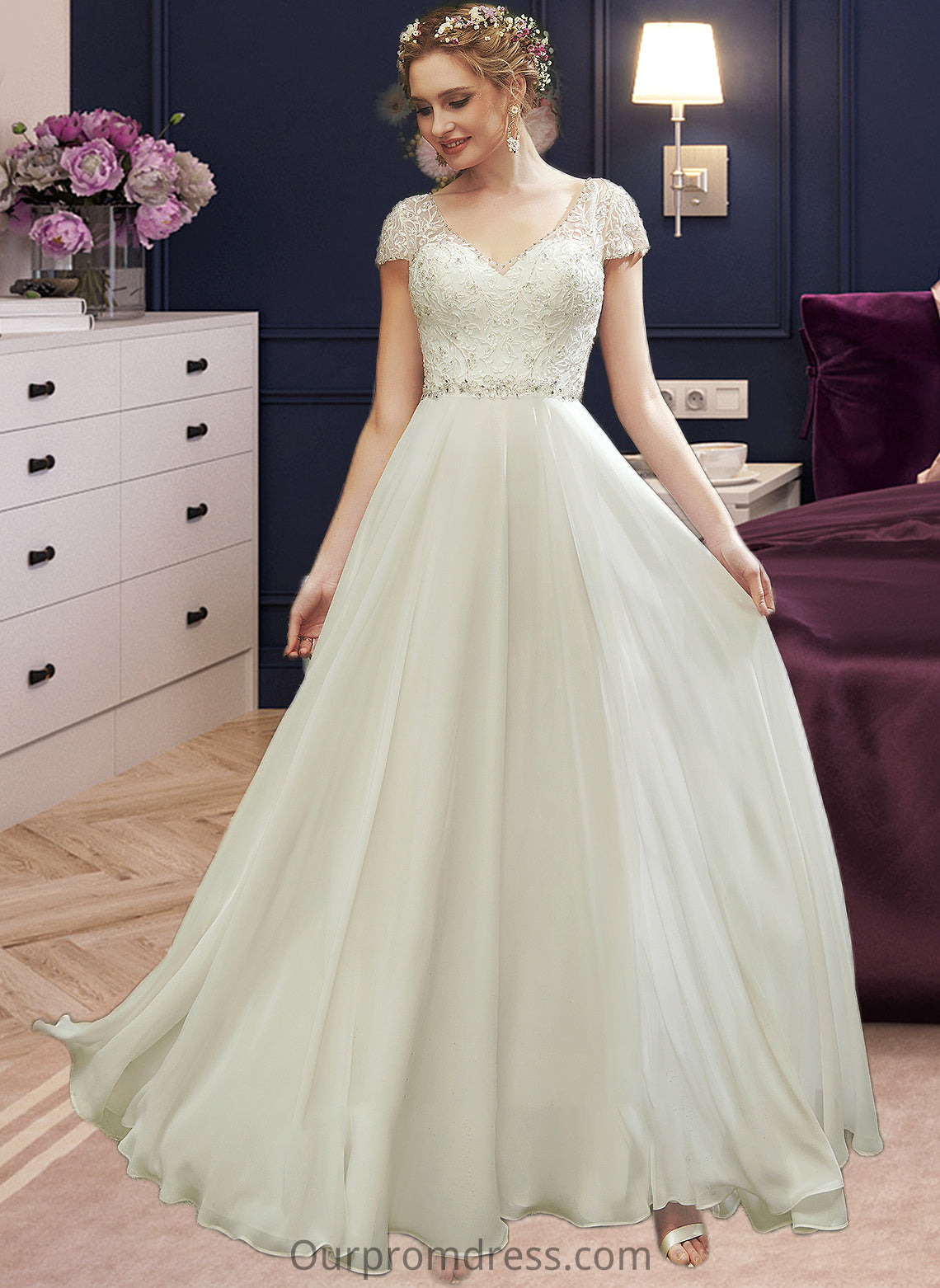 Esperanza A-Line V-neck Floor-Length Wedding Dress With Lace Beading Sequins HDP0013784