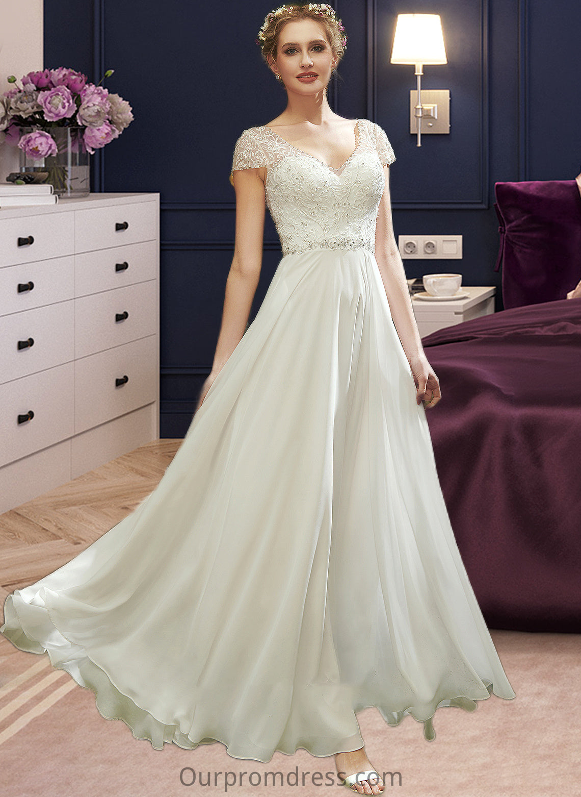 Esperanza A-Line V-neck Floor-Length Wedding Dress With Lace Beading Sequins HDP0013784