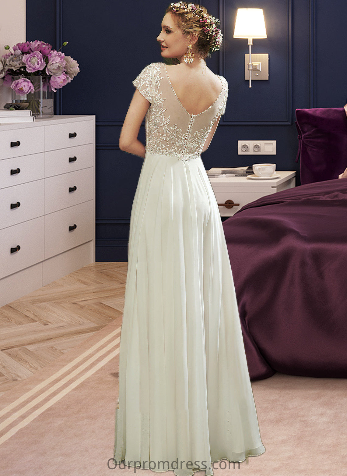 Esperanza A-Line V-neck Floor-Length Wedding Dress With Lace Beading Sequins HDP0013784