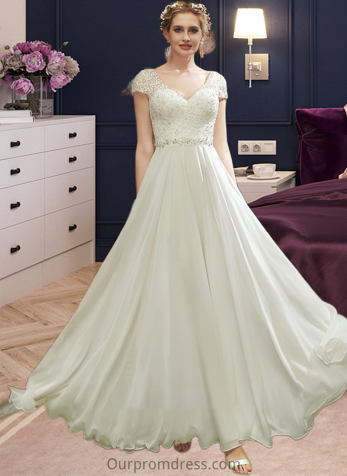 Esperanza A-Line V-neck Floor-Length Wedding Dress With Lace Beading Sequins HDP0013784