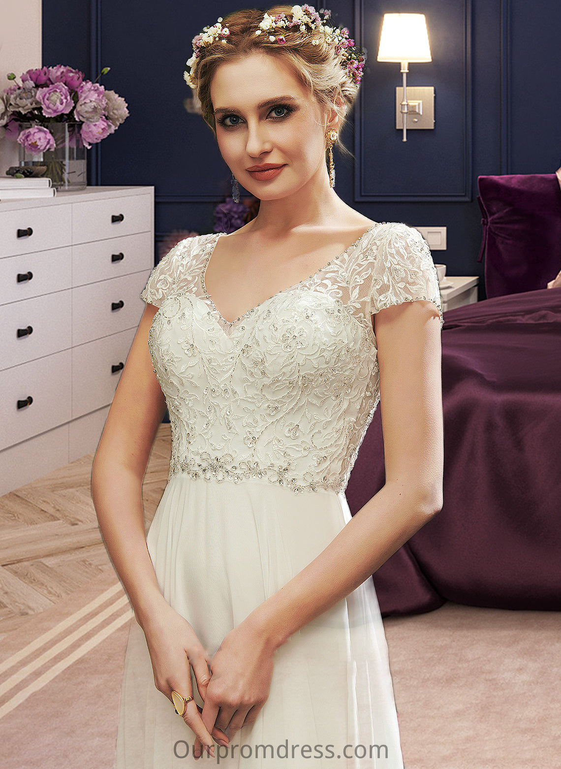 Esperanza A-Line V-neck Floor-Length Wedding Dress With Lace Beading Sequins HDP0013784