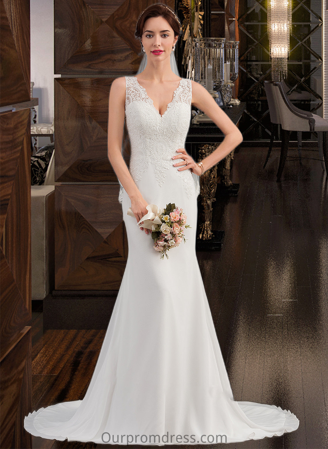 Carissa Trumpet/Mermaid V-neck Court Train Chiffon Wedding Dress HDP0013788