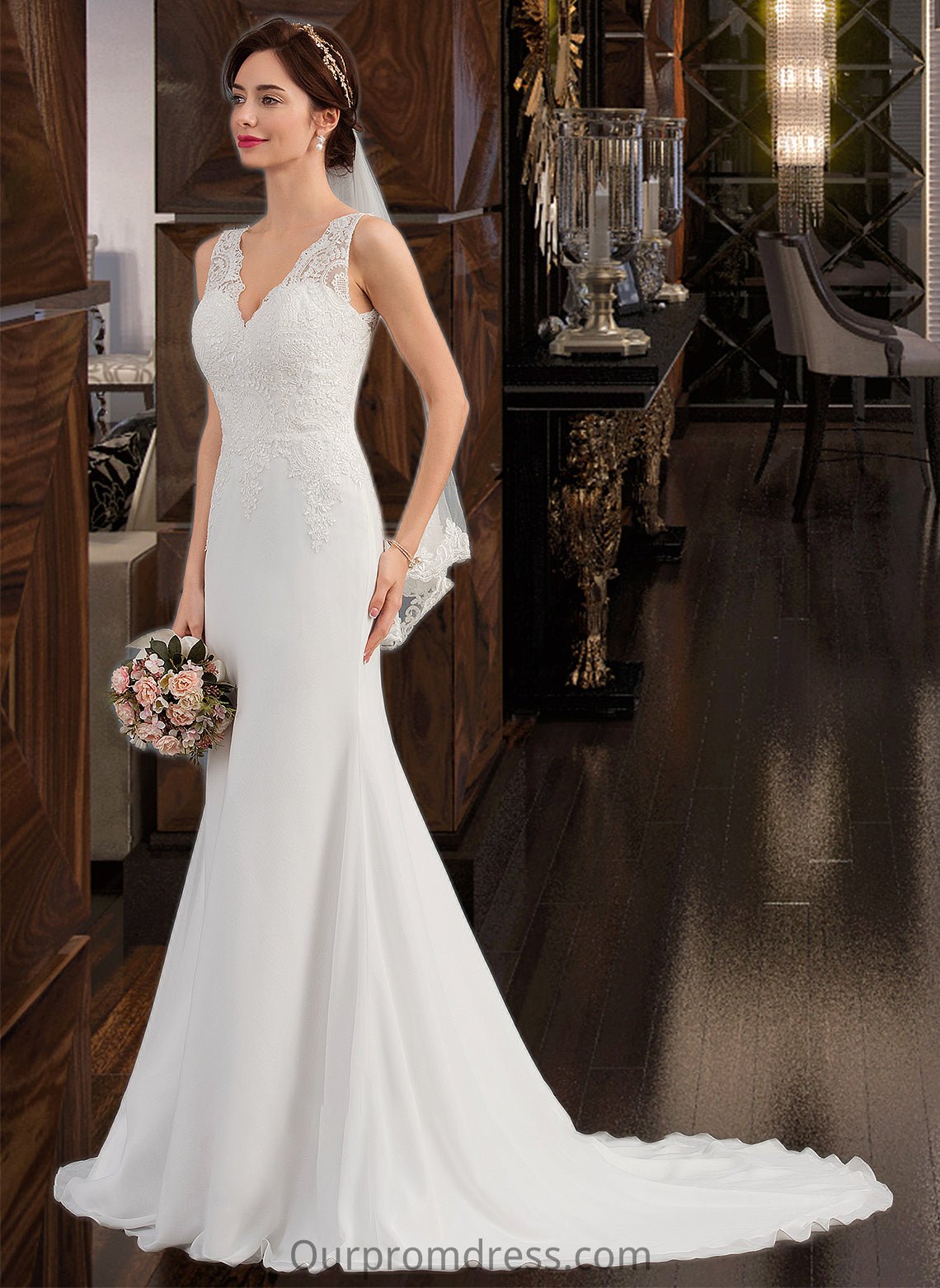 Carissa Trumpet/Mermaid V-neck Court Train Chiffon Wedding Dress HDP0013788