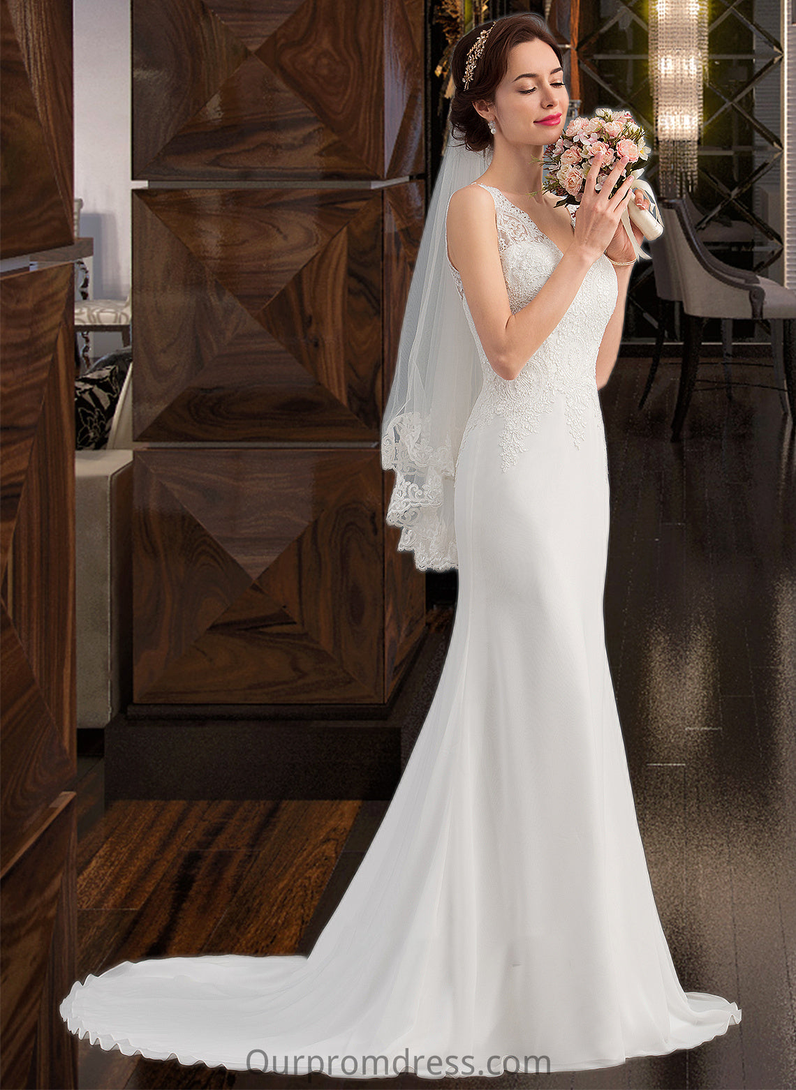 Carissa Trumpet/Mermaid V-neck Court Train Chiffon Wedding Dress HDP0013788