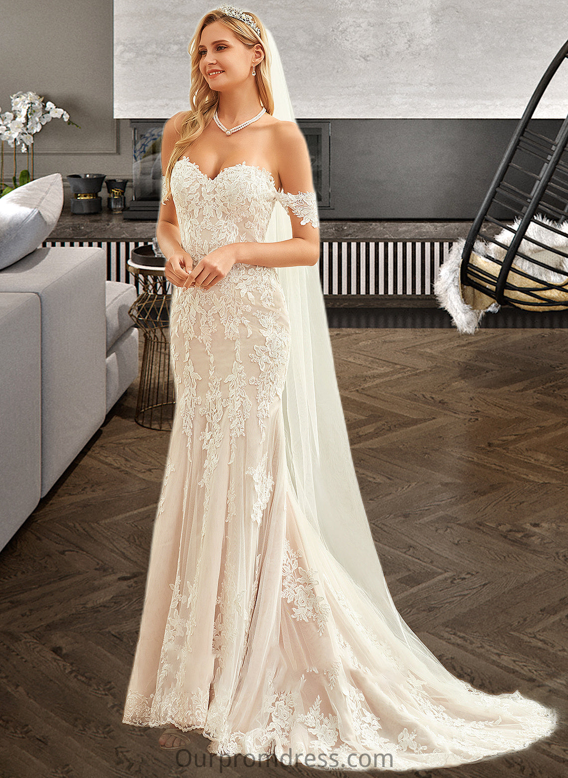 Kaliyah Trumpet/Mermaid Off-the-Shoulder Court Train Tulle Lace Wedding Dress HDP0013789