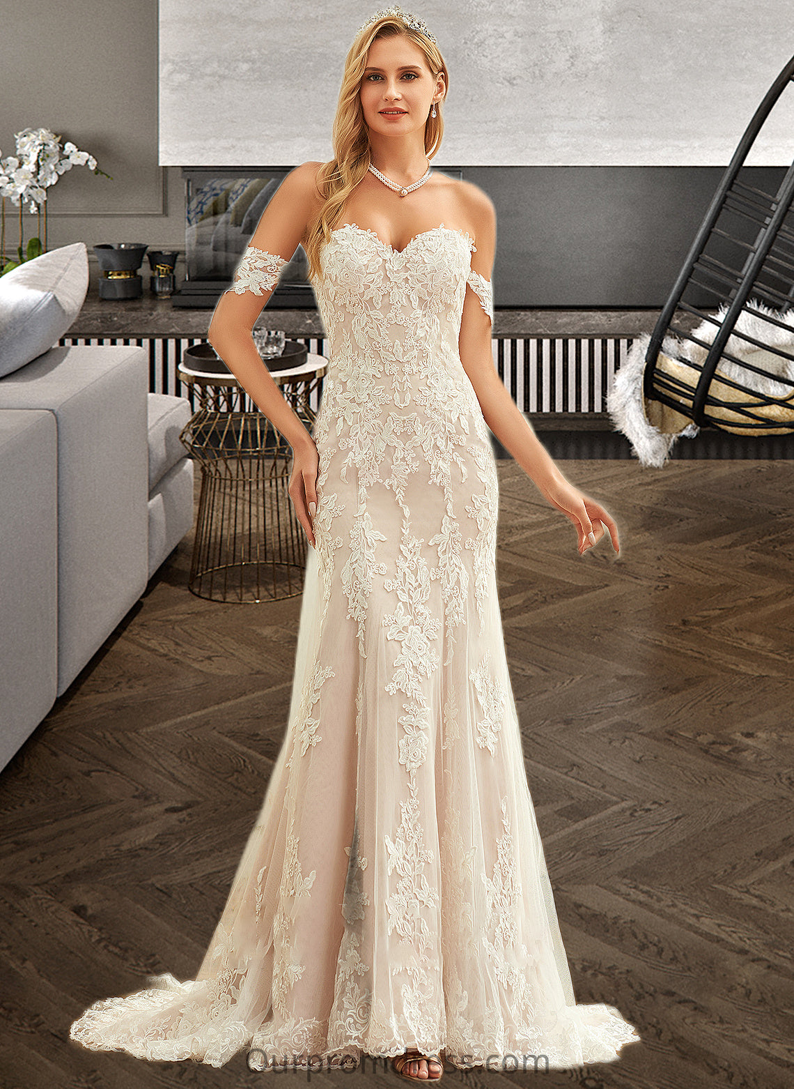 Kaliyah Trumpet/Mermaid Off-the-Shoulder Court Train Tulle Lace Wedding Dress HDP0013789