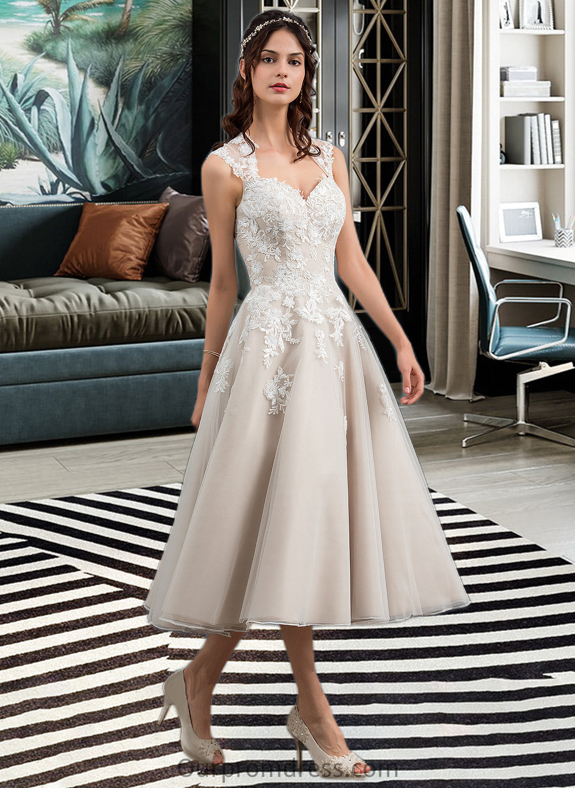 Lucy Ball-Gown/Princess Sweetheart Tea-Length Tulle Wedding Dress With Sequins HDP0013791