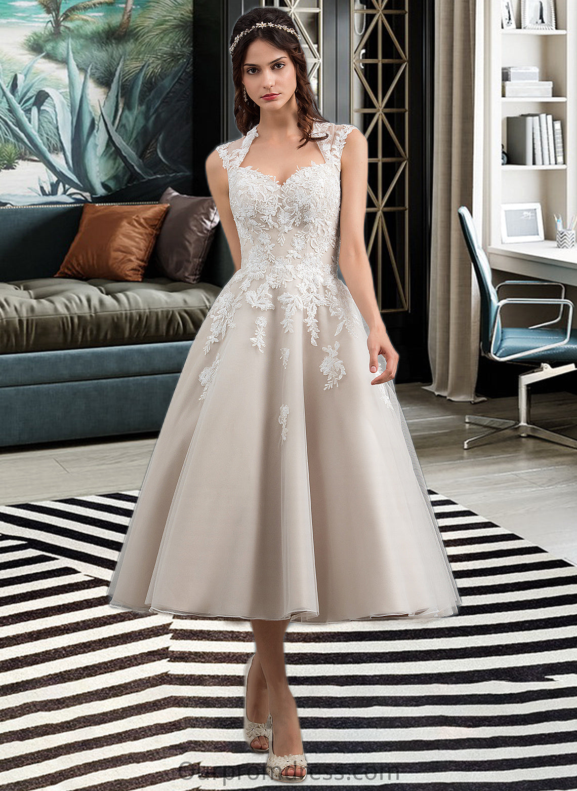 Lucy Ball-Gown/Princess Sweetheart Tea-Length Tulle Wedding Dress With Sequins HDP0013791