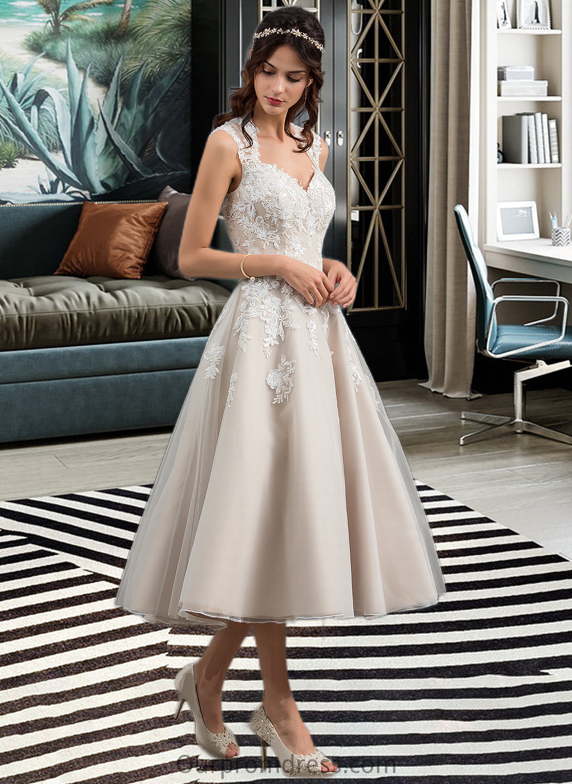 Lucy Ball-Gown/Princess Sweetheart Tea-Length Tulle Wedding Dress With Sequins HDP0013791