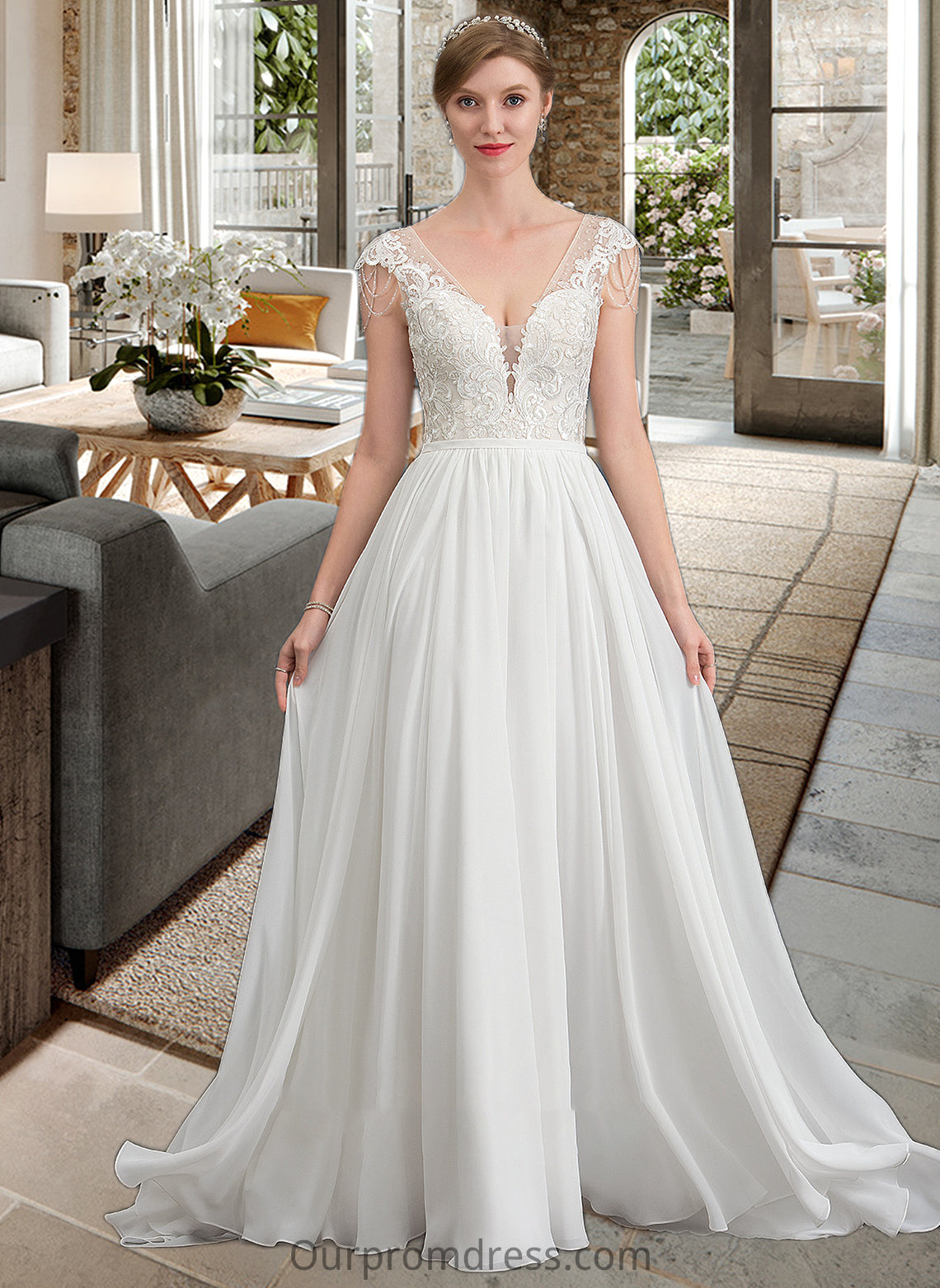 Val A-Line V-neck Sweep Train Chiffon Wedding Dress With Beading Sequins HDP0013792