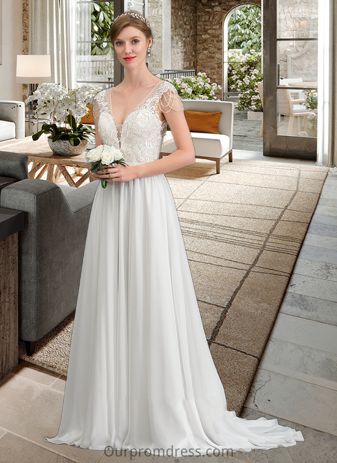 Val A-Line V-neck Sweep Train Chiffon Wedding Dress With Beading Sequins HDP0013792