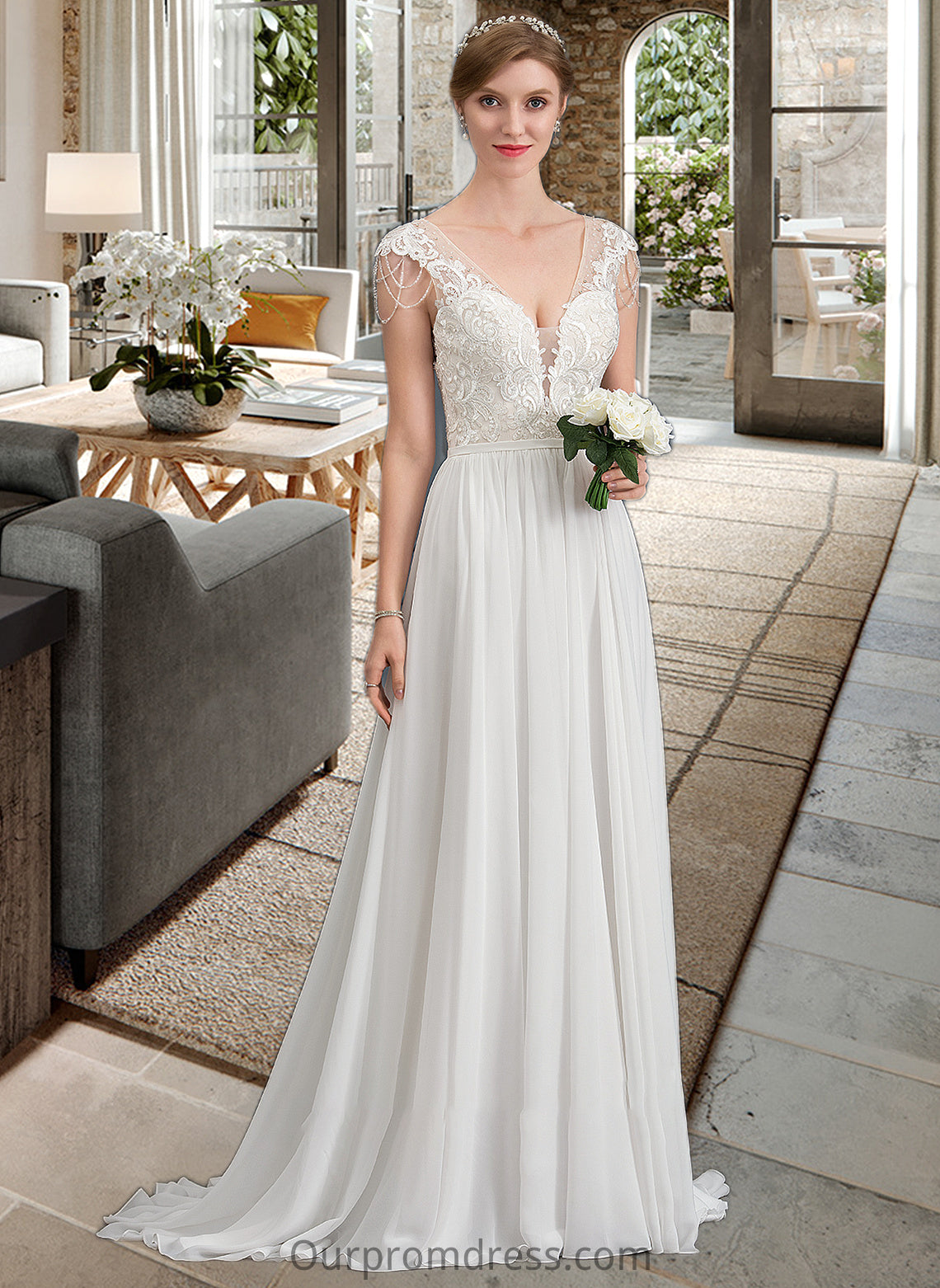 Val A-Line V-neck Sweep Train Chiffon Wedding Dress With Beading Sequins HDP0013792