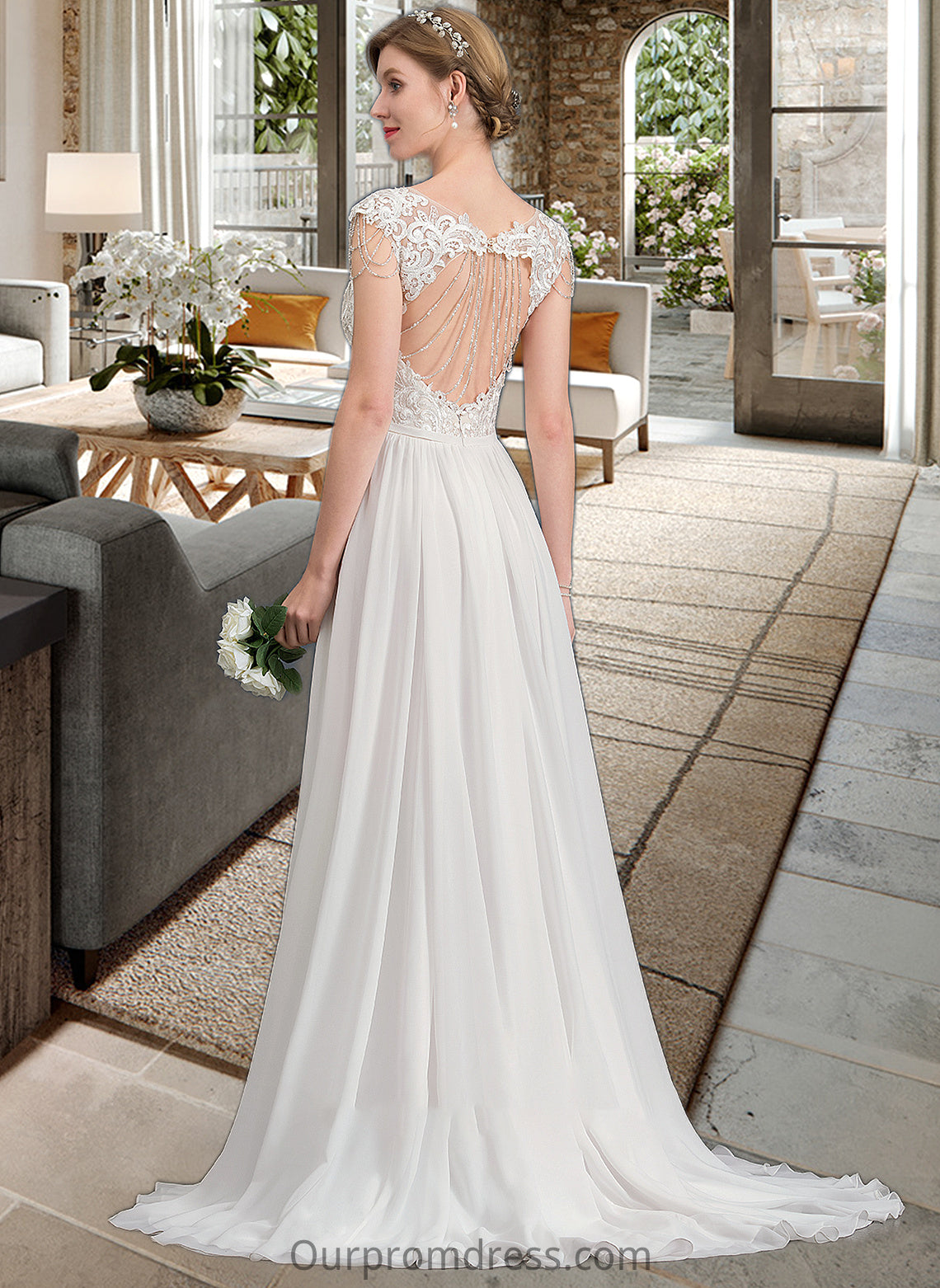 Val A-Line V-neck Sweep Train Chiffon Wedding Dress With Beading Sequins HDP0013792