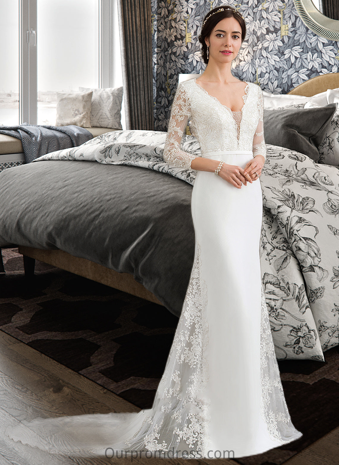 Molly Trumpet/Mermaid V-neck Chapel Train Chiffon Wedding Dress With Beading Sequins HDP0013795