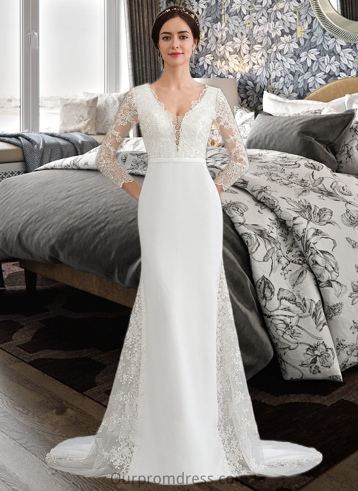 Molly Trumpet/Mermaid V-neck Chapel Train Chiffon Wedding Dress With Beading Sequins HDP0013795