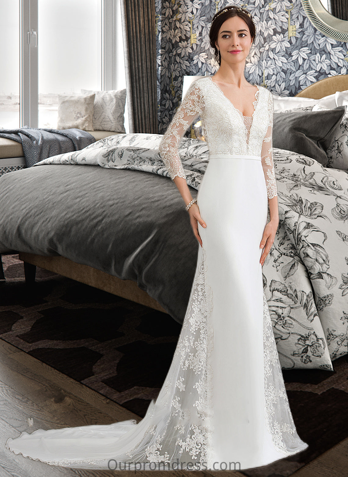 Molly Trumpet/Mermaid V-neck Chapel Train Chiffon Wedding Dress With Beading Sequins HDP0013795