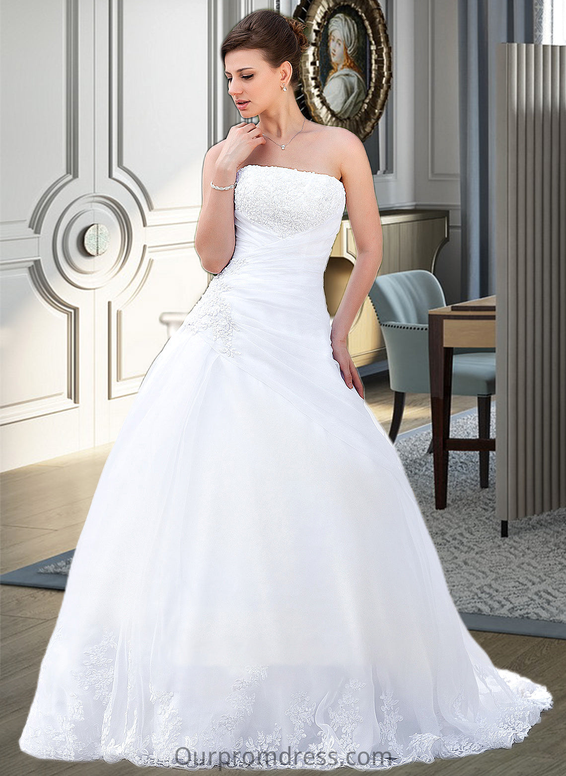 Natalya Ball-Gown/Princess Strapless Chapel Train Satin Organza Wedding Dress With Lace Beading HDP0013796