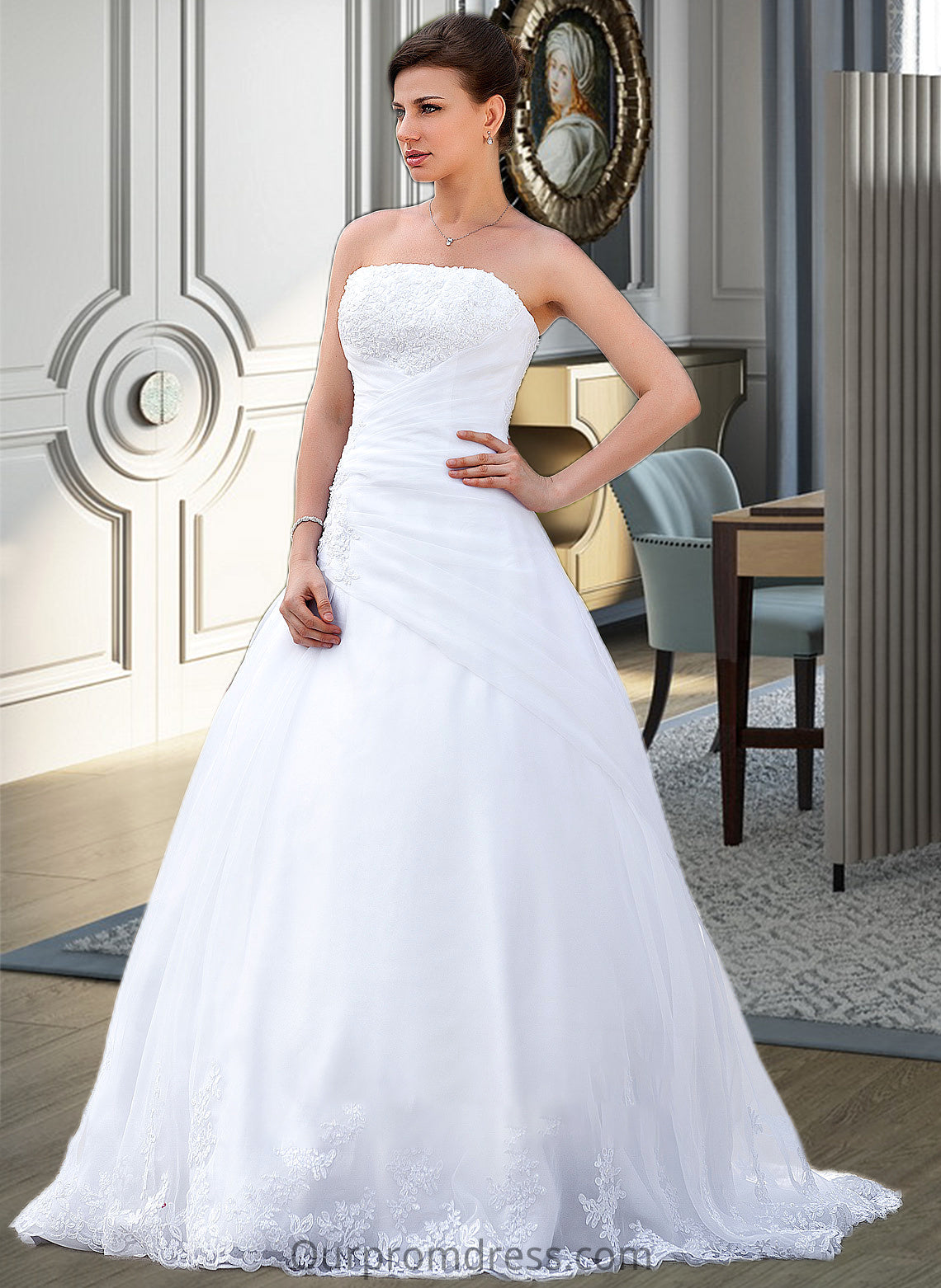 Natalya Ball-Gown/Princess Strapless Chapel Train Satin Organza Wedding Dress With Lace Beading HDP0013796