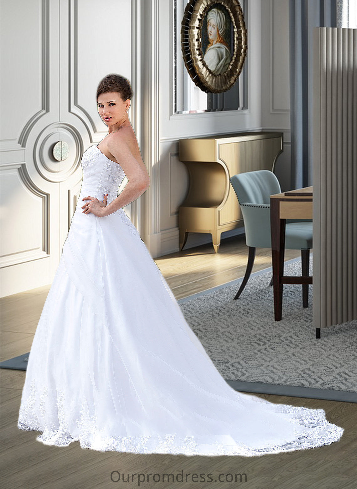 Natalya Ball-Gown/Princess Strapless Chapel Train Satin Organza Wedding Dress With Lace Beading HDP0013796