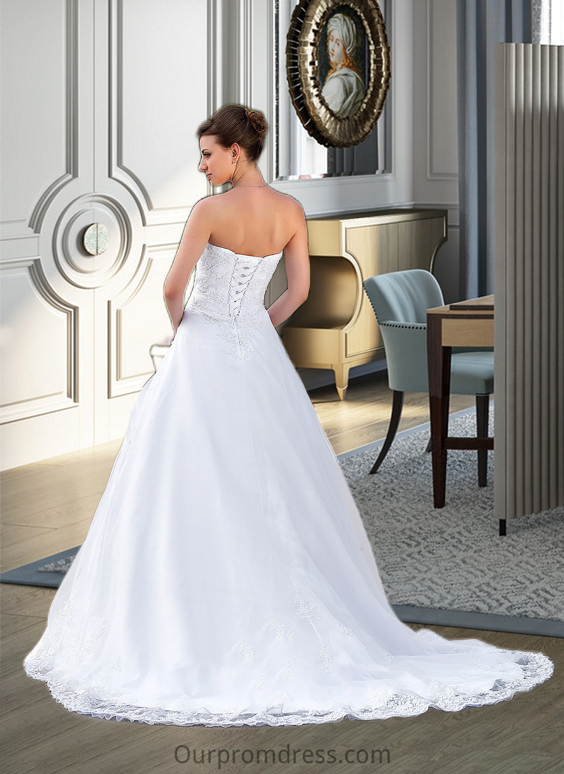 Natalya Ball-Gown/Princess Strapless Chapel Train Satin Organza Wedding Dress With Lace Beading HDP0013796