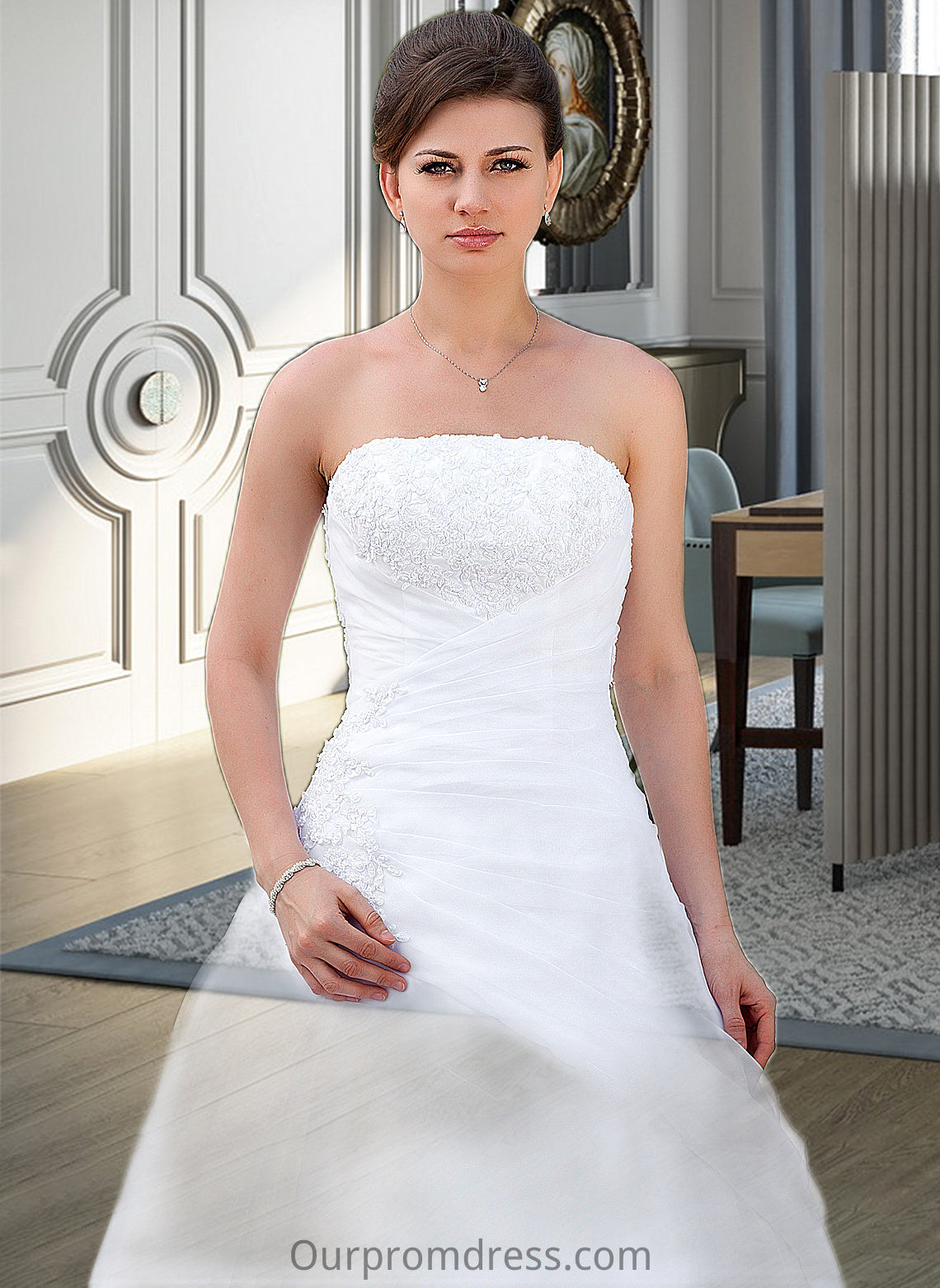 Natalya Ball-Gown/Princess Strapless Chapel Train Satin Organza Wedding Dress With Lace Beading HDP0013796