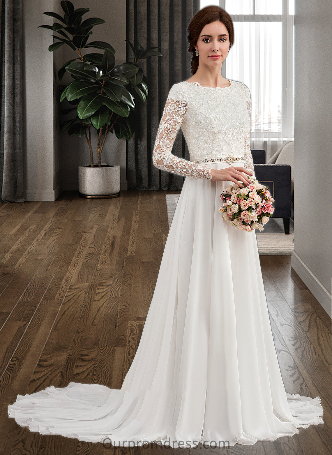 Lori A-Line Scoop Neck Court Train Chiffon Wedding Dress With Beading HDP0013800