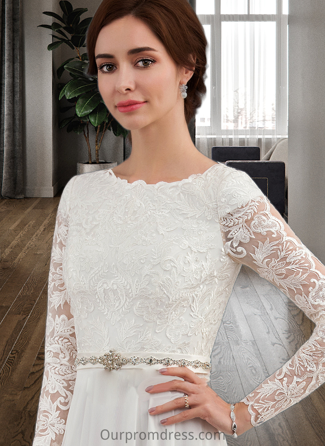 Lori A-Line Scoop Neck Court Train Chiffon Wedding Dress With Beading HDP0013800