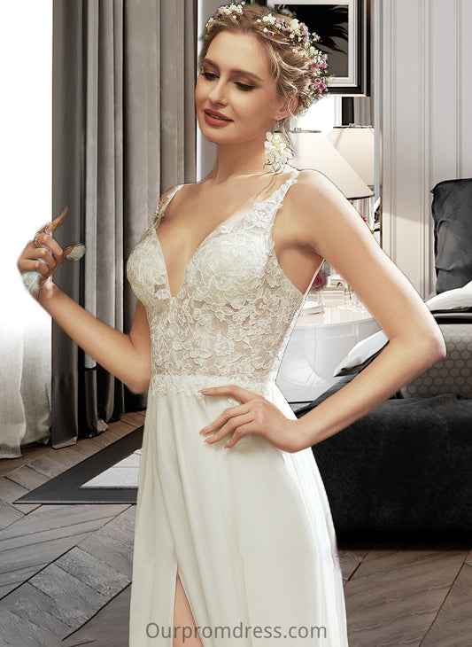 Luz A-Line V-neck Floor-Length Wedding Dress With Lace Split Front HDP0013815