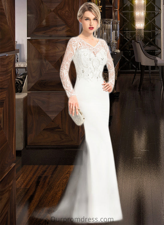 Charlotte Trumpet/Mermaid V-neck Sweep Train Stretch Crepe Wedding Dress With Beading Sequins HDP0013816