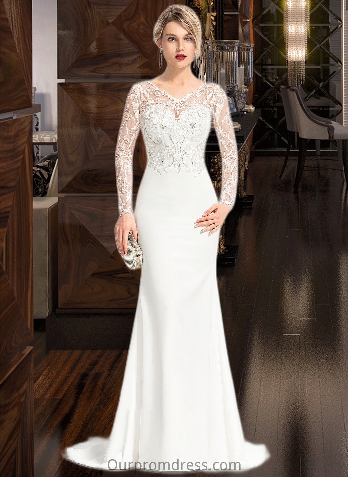 Charlotte Trumpet/Mermaid V-neck Sweep Train Stretch Crepe Wedding Dress With Beading Sequins HDP0013816