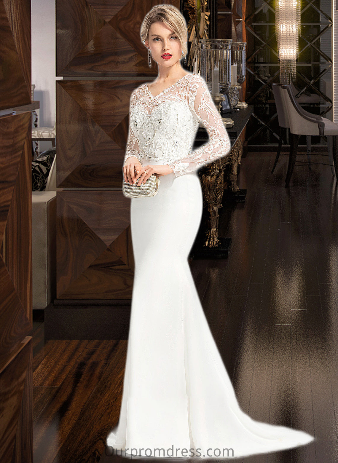 Charlotte Trumpet/Mermaid V-neck Sweep Train Stretch Crepe Wedding Dress With Beading Sequins HDP0013816