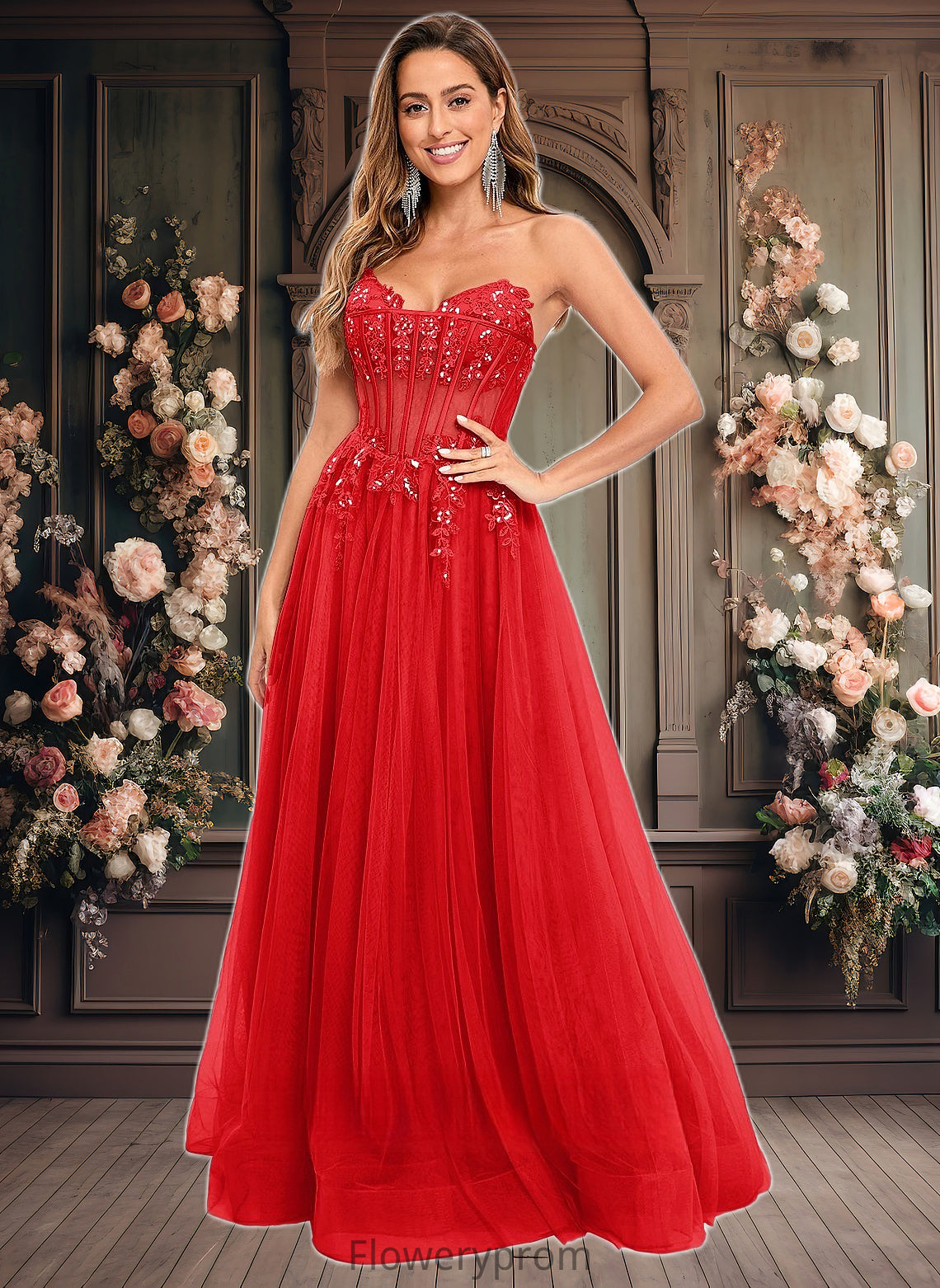 Elliana Ball-Gown/Princess V-Neck Floor-Length Tulle Prom Dresses With Sequins Appliques Lace HDP0025837