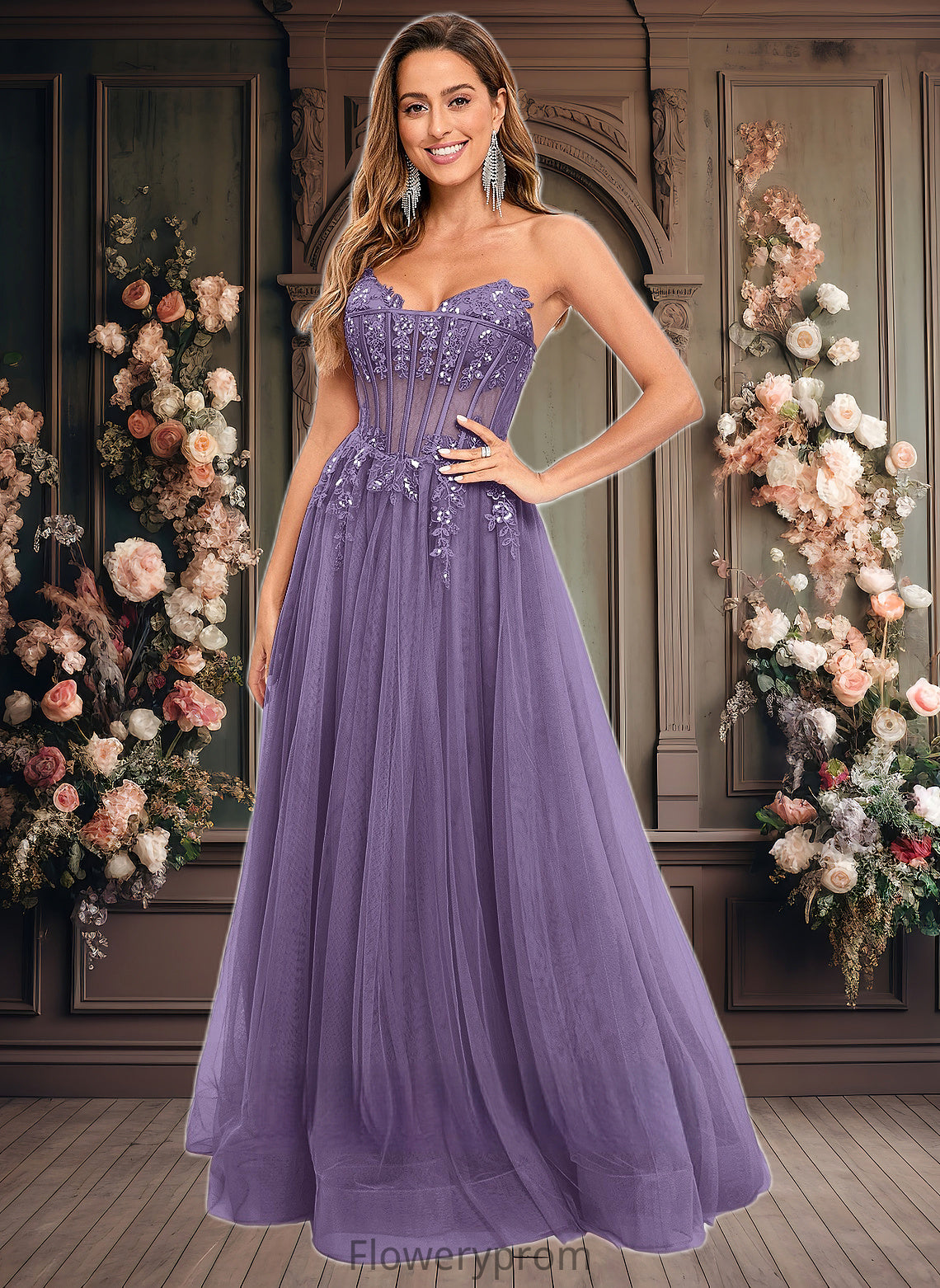 Elliana Ball-Gown/Princess V-Neck Floor-Length Tulle Prom Dresses With Sequins Appliques Lace HDP0025837