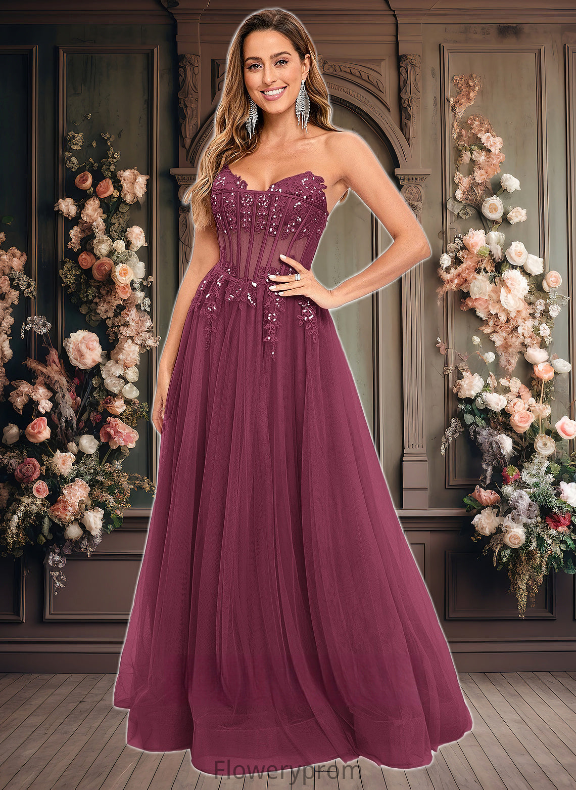 Elliana Ball-Gown/Princess V-Neck Floor-Length Tulle Prom Dresses With Sequins Appliques Lace HDP0025837