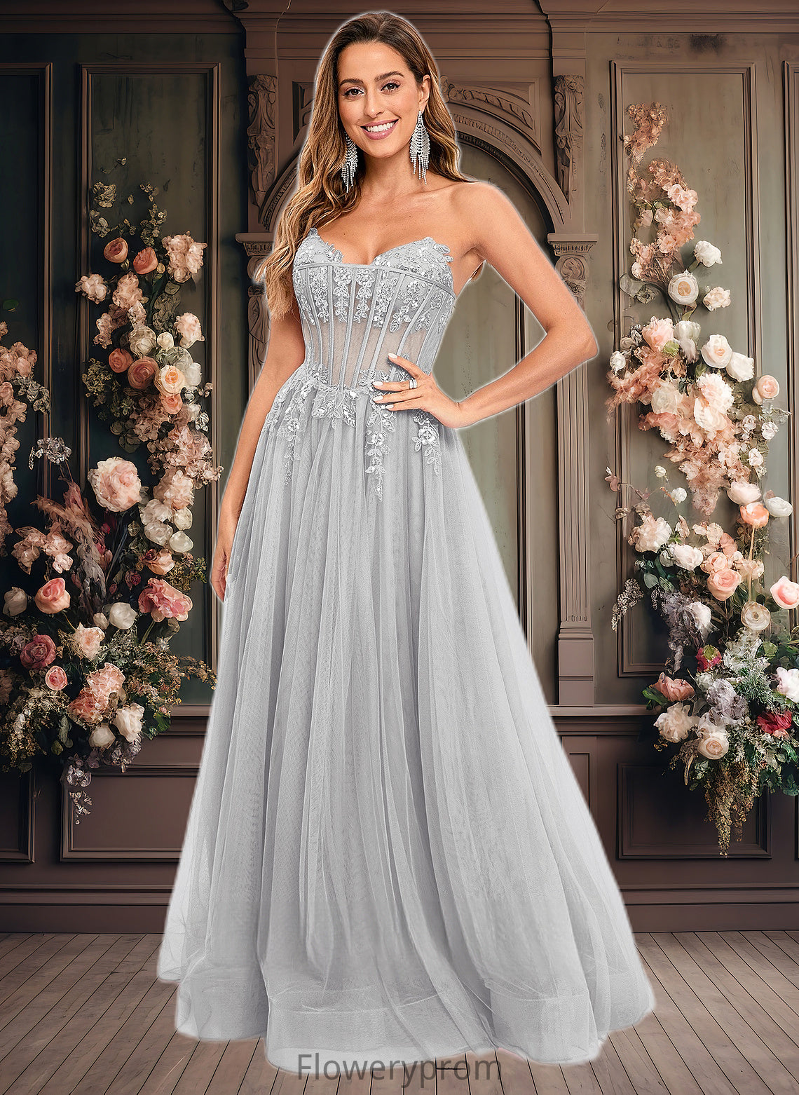 Elliana Ball-Gown/Princess V-Neck Floor-Length Tulle Prom Dresses With Sequins Appliques Lace HDP0025837