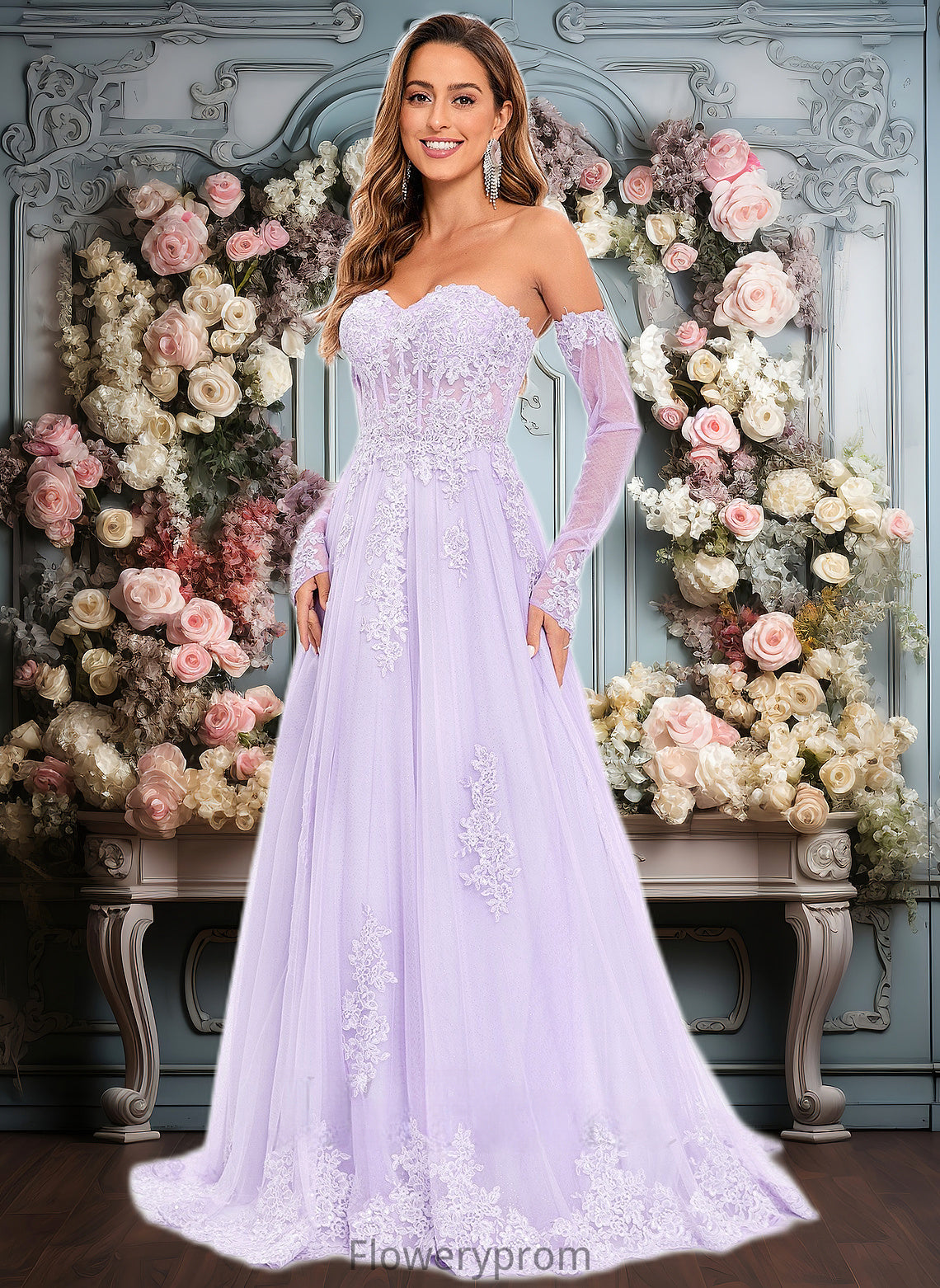 Marie A-line Sweetheart Sweep Train Tulle Prom Dresses With Sequins Appliques Lace HDP0025856