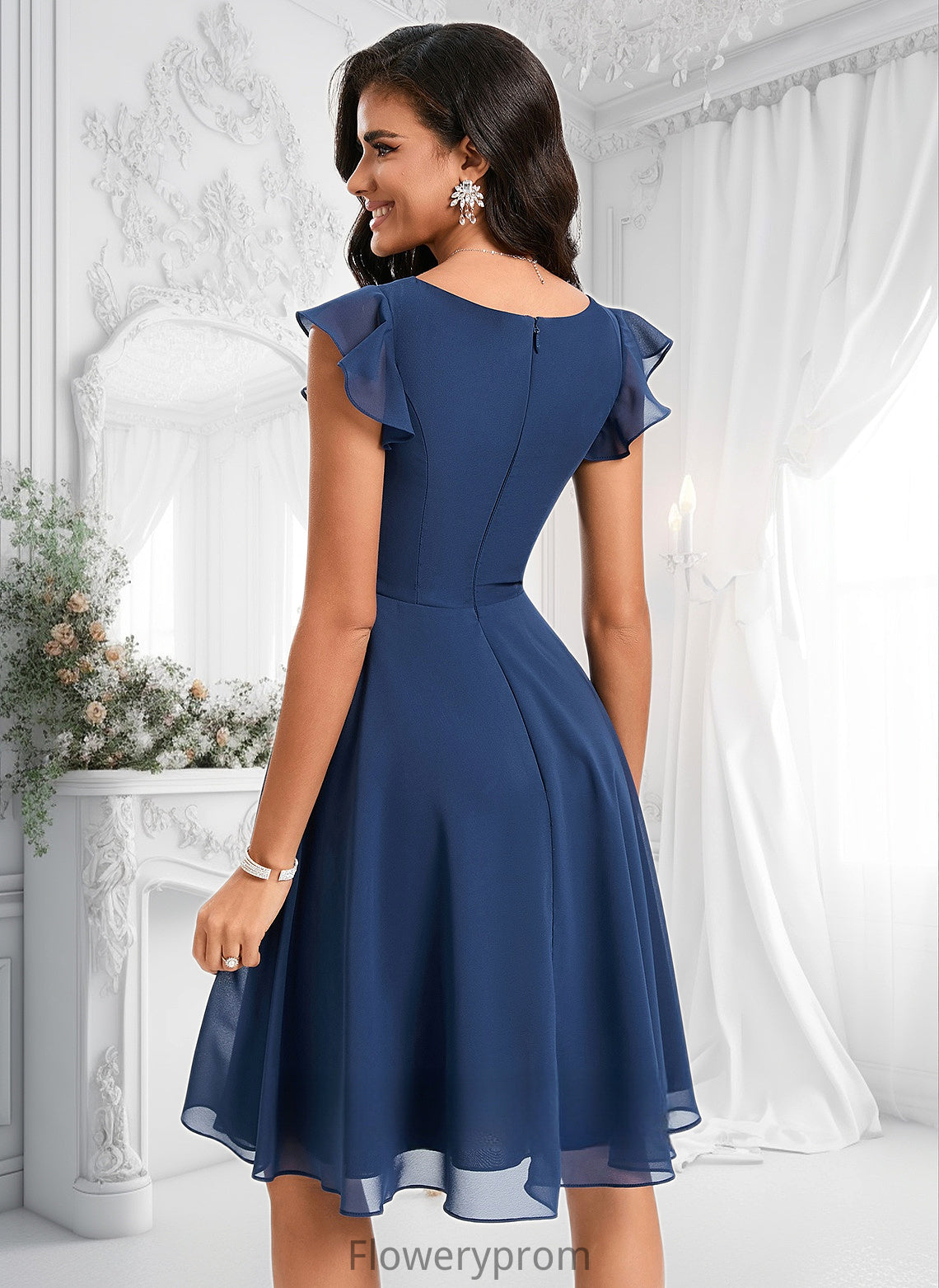 Litzy A-line V-Neck Knee-Length Chiffon Homecoming Dress With Ruffle HDP0025684